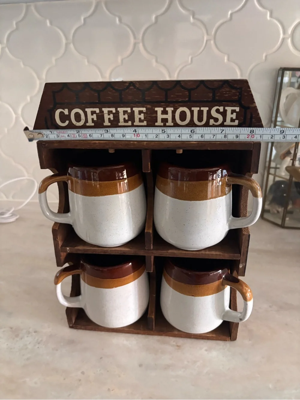 Coffee House Ceramic Mug Set with Wooden Rack - Brown & White